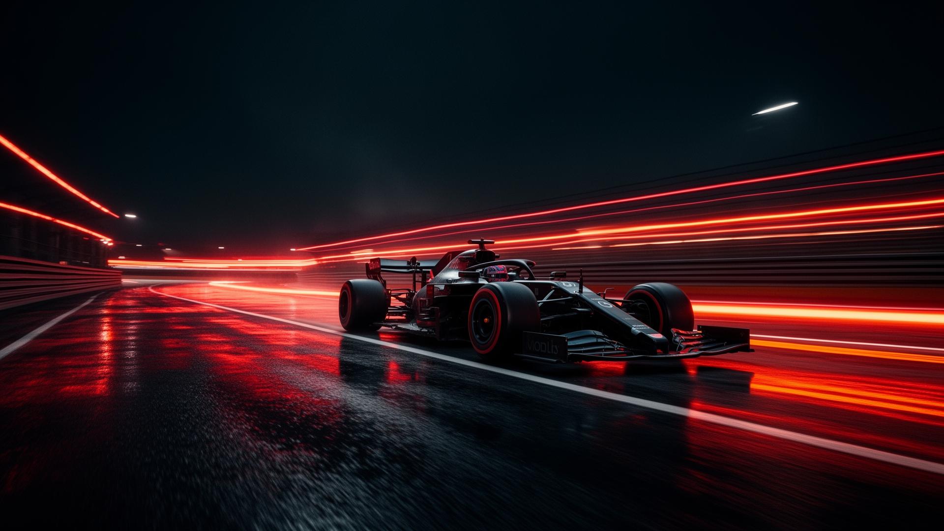 Race car at night with red light streaks