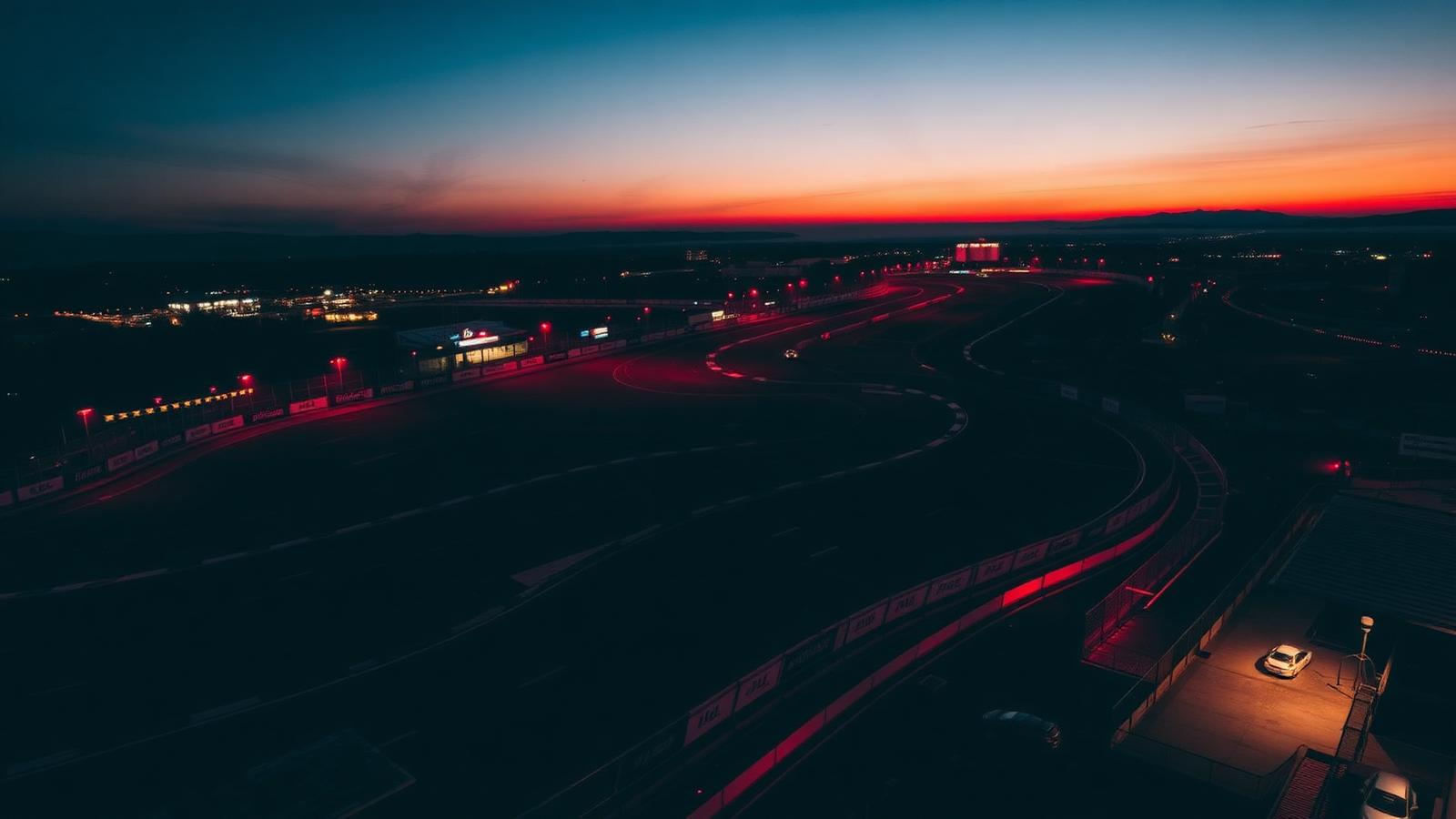 Aerial racing circuit at dusk